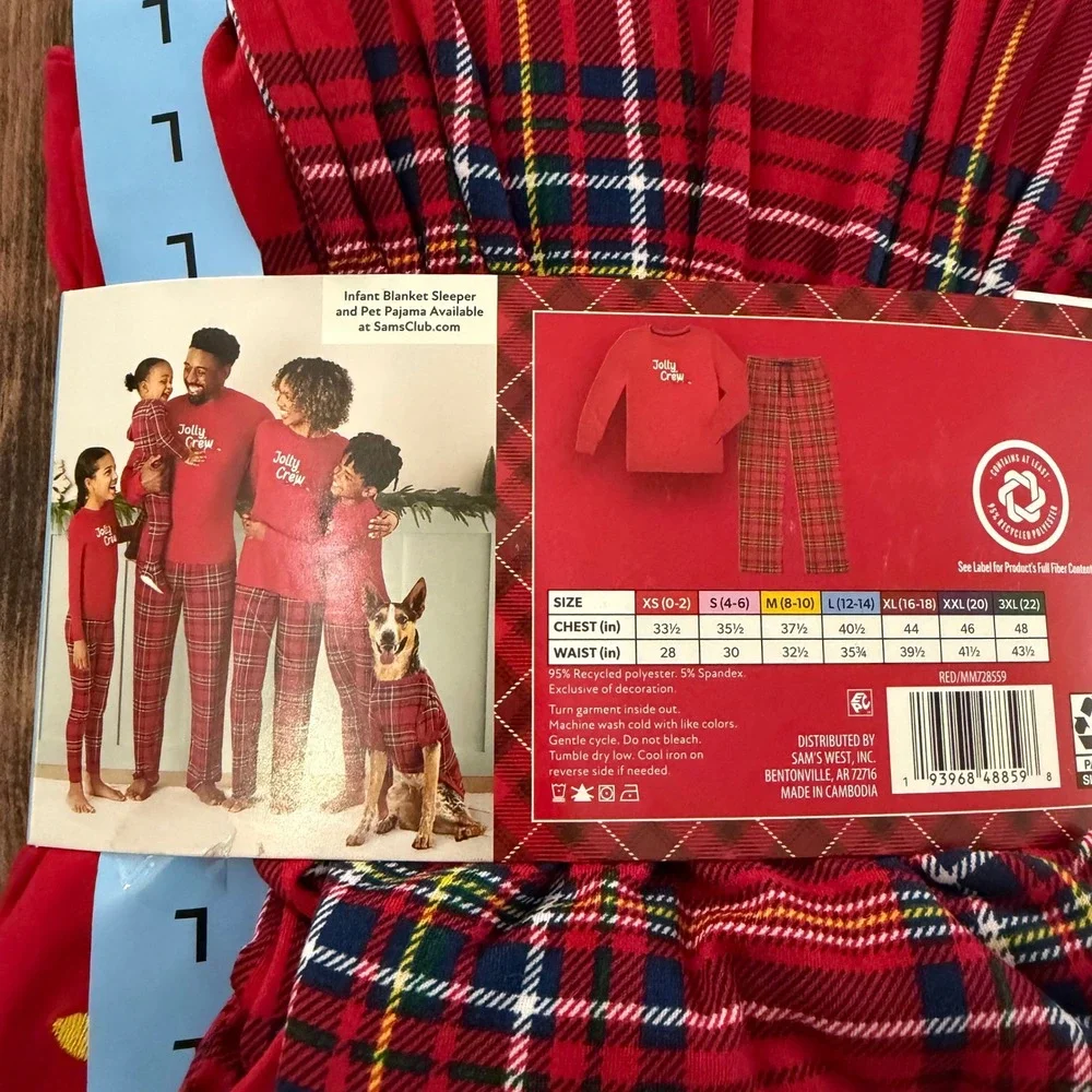 Member's Mark Womens Pajama Set Red Jolly Crew Plaid Holiday L 12-14 MM728559